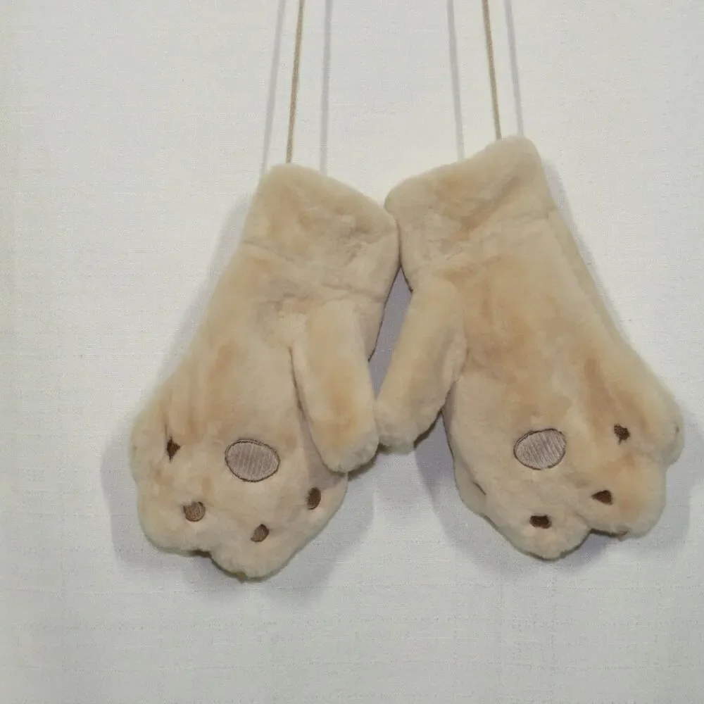 Women's Soft Cozy Plush Beige Dino Dinosaur Mittens Size Small-Medium